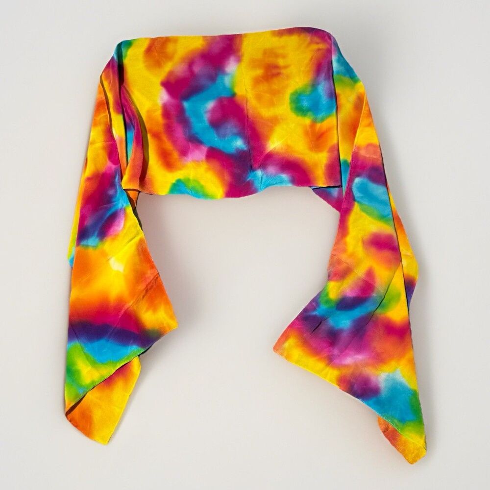 Handmade Tie-Dye Rainbow Swirl Scarf Hair Wrap 68”x13” Boho Festival Retro Art